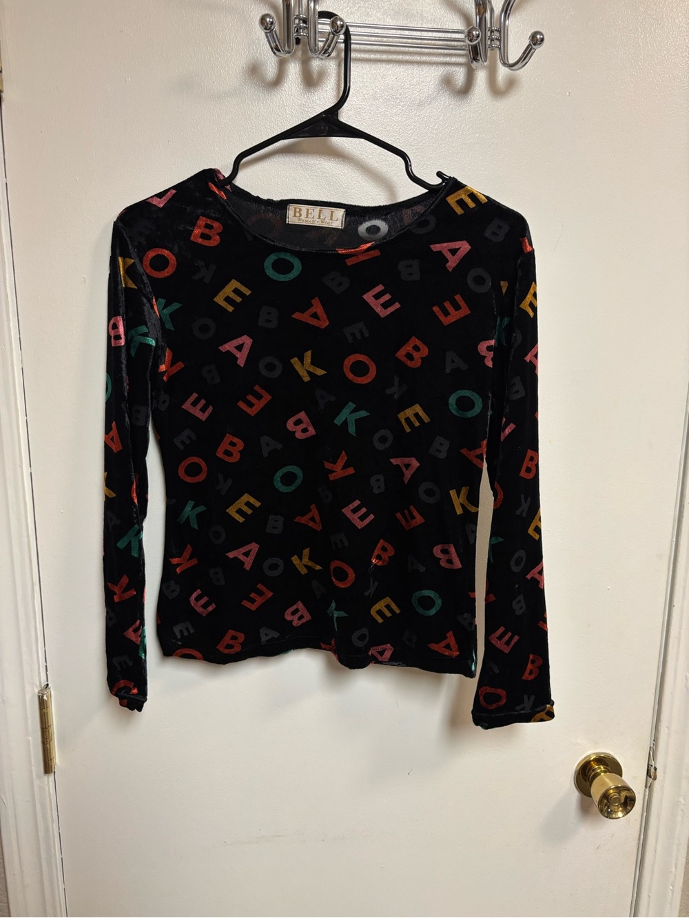 Vintage 90s Y2K BELL Black Velvet Alphabet Letter Print Mesh Long Sleeve Top
